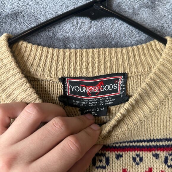 Young Bloods Pullover Sweater Long Sleeve Snowflake X-Large Crewneck Beige - Picture 3 of 7